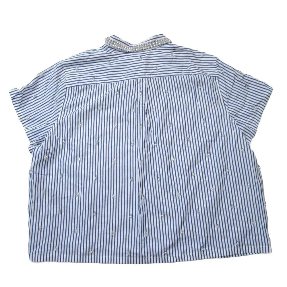 NWT J.Crew Collection Cropped Short-sleeve Shirt in Blue White Stripe Pearl 24